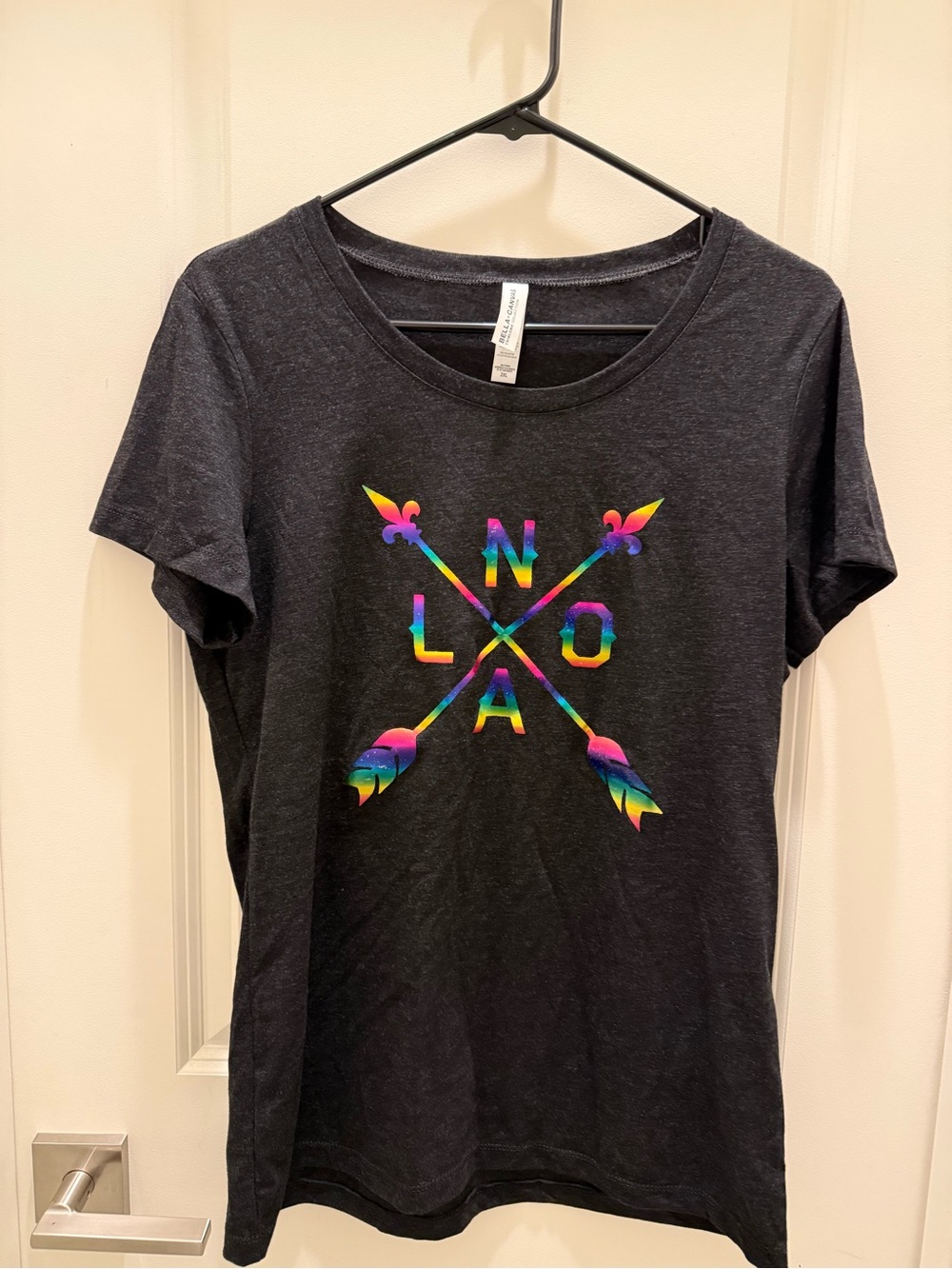 New Orleans NOLA Black Graphic Arrow Tee with Rainbow Lettering